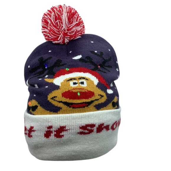 Christmas "Let It Snow" Knit Beanie With Reindeer & Pom-Pom LED Light Up - Picture 2 of 6